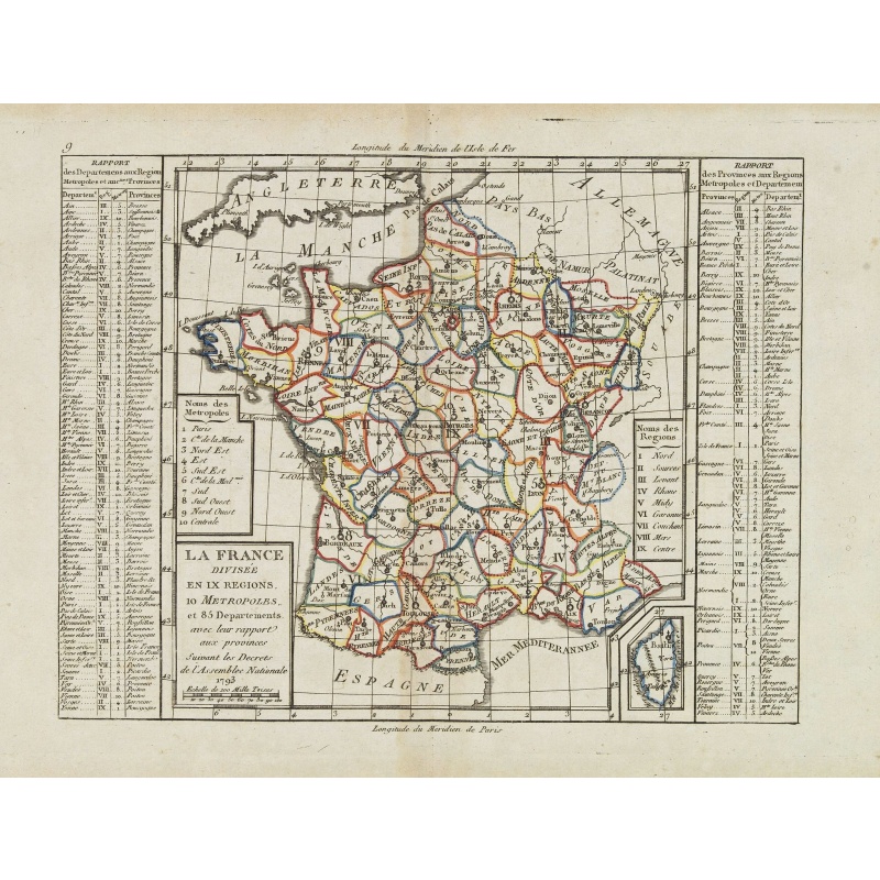 La France Divisée en IX Régions, 10 Métropoles, et 85 Départements ..