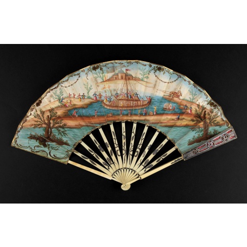 A folding fan showing a nautical festival, ca. 1770.