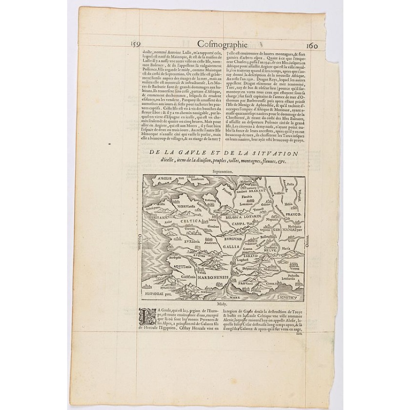 Page from La Cosmographie Universelle with map of France. (Page 160)