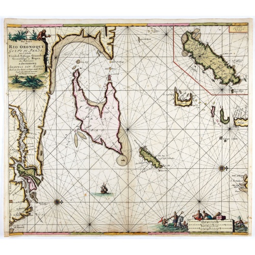 Pas kaart Van Rio Oronoque Golfo De Paria met d'Eylanden Trinidad, Tabago, Granada, Granadillos, en Bequia . . .