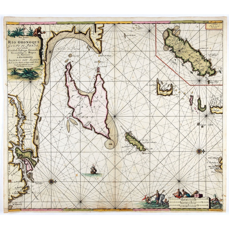 Pas kaart Van Rio Oronoque Golfo De Paria met d'Eylanden Trinidad, Tabago, Granada, Granadillos, en Bequia . . .