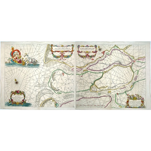 Paskaerte van het inkoomen van de MAES, Tot aen 't Eylandt Roosenburgh als mede 't Inkoomen van 't Goereesche Gat.. / Pascaert van 't Eylandt Roosenburg door de Oude en Nieuwe Maes....